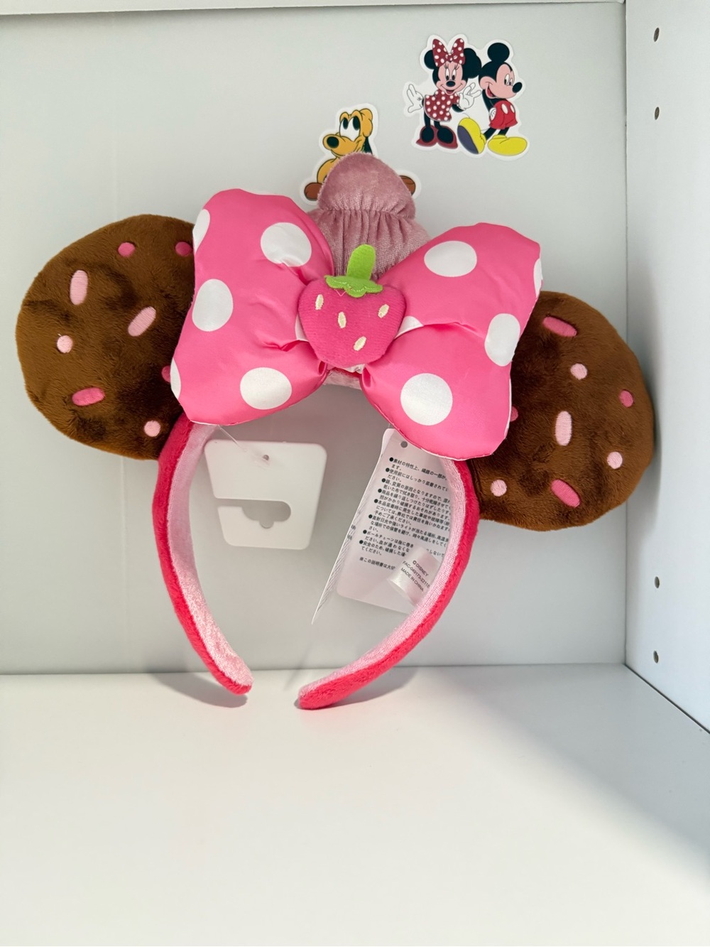 Disney Pink Polka Dot Bow Headband with Brown Plush Ears and Strawberry Accent